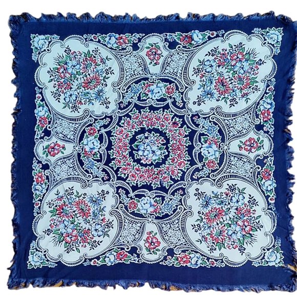 1950s Vintage Blue And Red Novelty Flowers Soft Cotton Bandana Scarf Hankie - Picture 1 of 4